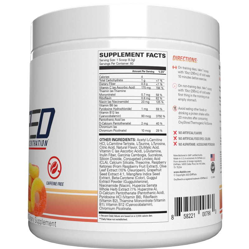 [Australia] - EHP Labs OxyShred Non Stimulant Pre Workout Powder - Stim Free Pre Workout, Caffeine Free Preworkout for Men & Women with L Glutamine & Acetyl L Carnitine - Peach, 60 Servings 