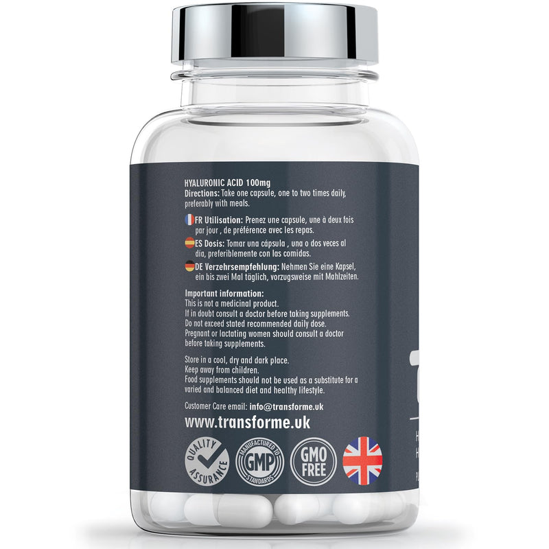 Transforme Hyaluronic Acid Capsules 100mg, 120 Count, Vegetarian, Vegan, All Natural Supplement, Gluten Free, 4 Month Supply