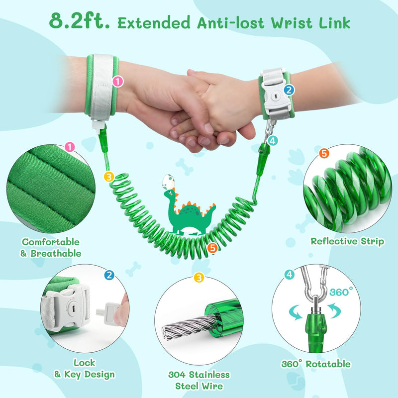 [Australia] - Dr.meter 3 in 1 Toddler Harness Leash + 8.2ft Anti Lost Wrist Link, Cute Dinosaur Kids Safety Harness Tether with Key Lock, Child Protective Leashes While Walking for Outdoor Activity Keep Kids Close 