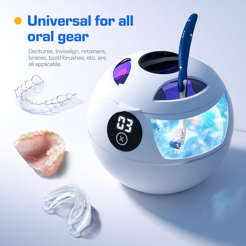 [Australia] - Kingwell 45KHz Ultrasonic Retainer Cleaner Machine, 230ML Denture Cleaner for Retainer, Mouth Guard, Aligner, Toothbrush Head, Dental Cleaning Pod with Digital Timer, FSA HSA Approved (White) White 