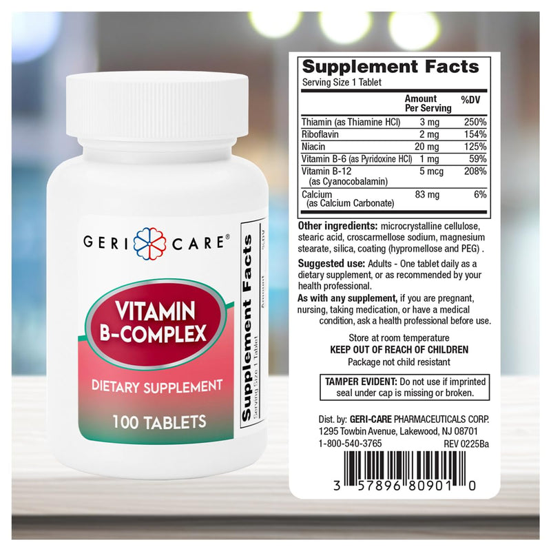 GeriCare Vitamin B-Complex Supplement with Calcium – Daily Supplement for Energy, Immune Support, Bone Health & Nervous System, 100 Count (Pack of 1) 100 Count (Pack of 1)