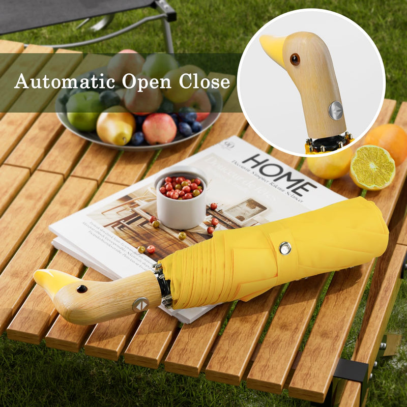 Yellow Duck Auto Umbrella - Travel Folding Fancy Lemon Night Umbrellas Windproof Mini Duck Handle for Women Girls Boys Teens