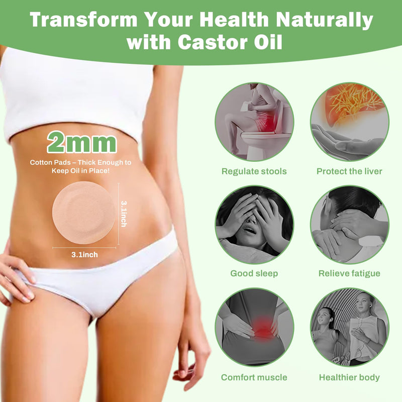[Australia] - 30Pcs Castor Oil Pack Wrap for Belly Button with 4oz Organic Castor Oil in Glass Bottle, Highly Absorbent Cotton Belly Button Patches Self Adhesive 30pcs belly pack with oil 