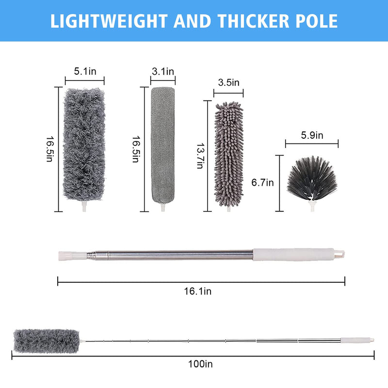 [Australia] - Microfiber Feather Duster 5-in-1 Kit, Dusters for Cleaning, Duster with Extension Pole 100 Inches, Cobweb Duster, Microfiber Dusters for High Ceilings and Fans, Blinds, Cars and Furniture A Gray 