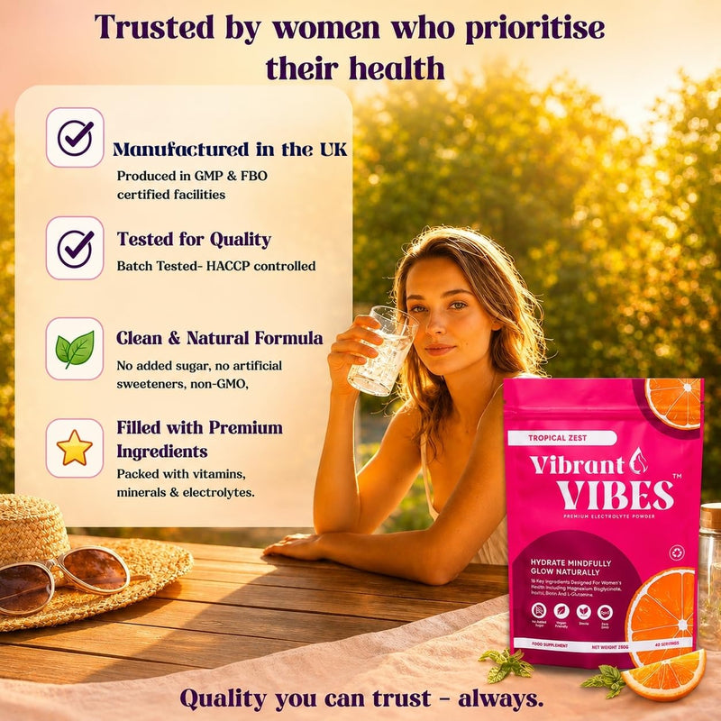Vibrant Vibes Women’s Electrolyte Powder – Clean Daily Hydration | Zero Sugar, Magnesium, B & C Vitamins | Vegan Electrolytes | 280g Pouch – 40 Servings, Tropical Zest Flavour.