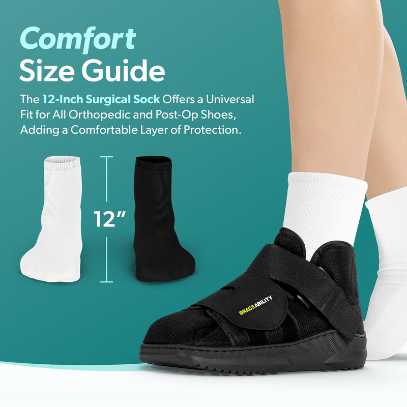 BraceAbility Post Op Shoe + Short Walking Boot Liner Socks Bundle - Orthopedic Foot Brace and Replacement Liners for Fractures, Broken Toe Recovery - Women’s Size 7.5-9.5, Men’s 6-8.5 (1 Pair Black)