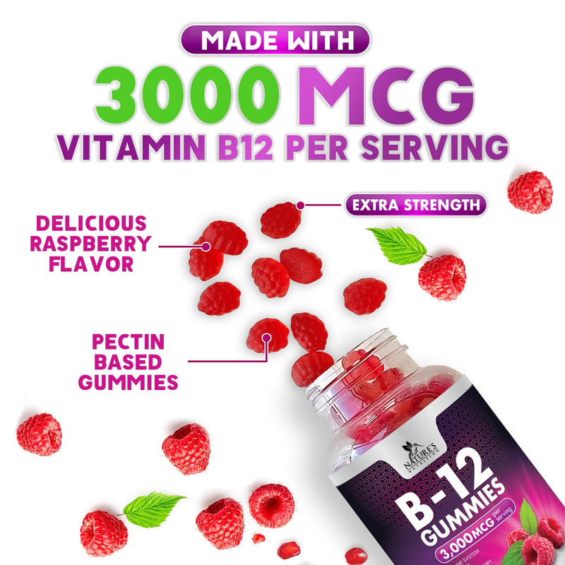 Vitamin B12 Energy Gummies - 3000 mcg per Serving Extra Strength B 12 Gummy for Metabolism, Immune Support - Chewable Dietary B-12 Supplements, Natural Caffeine Free Gummy, Berry Flavor - 120 Gummies 120 Count (Pack of 1)