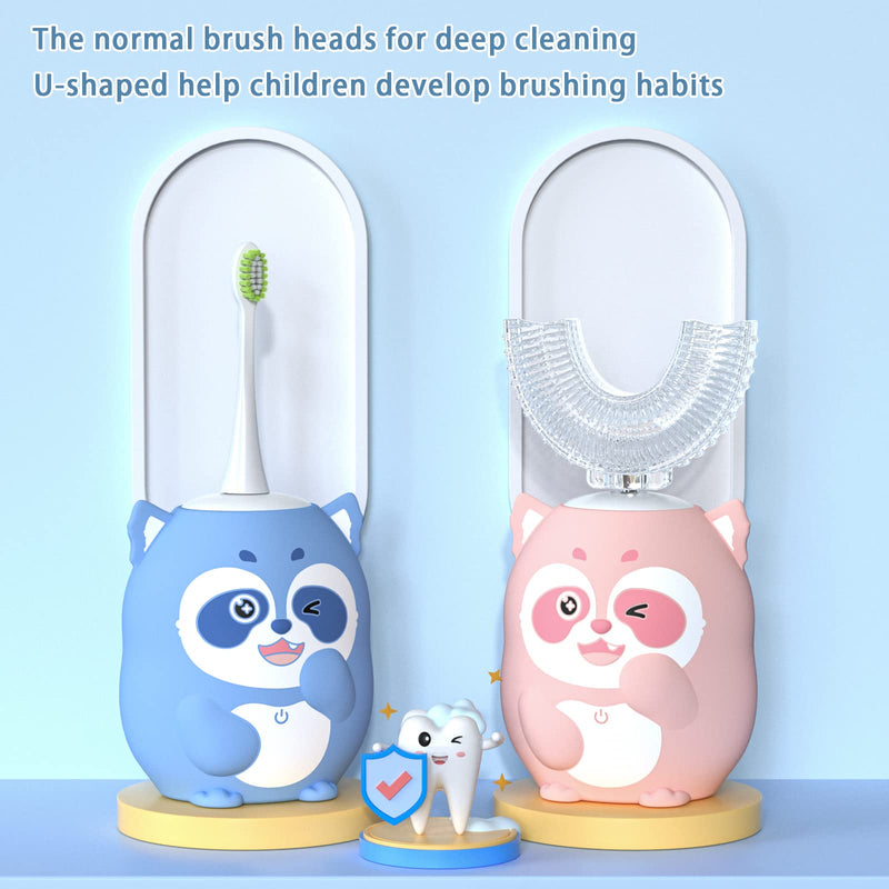 [Australia] - Kids Electric U Shaped Toothbrush, Cartoon Sonic Toothbrush with 4 Brush Heads 6 Cleaning Modes Children Toothbrush IPX7 Waterproof - (Age 2-7, Blue) Cup with Blue Raccoon（Ages 2-7） 