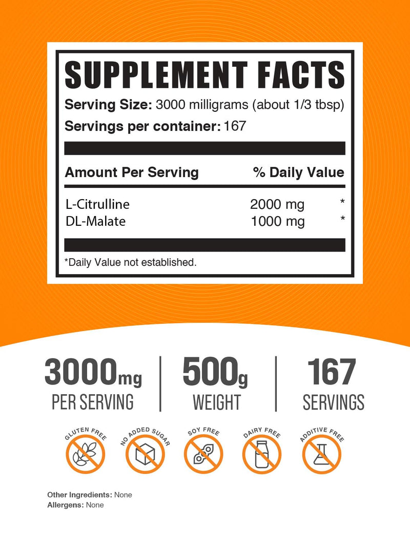 BulkSupplements.com L-Citrulline Malate 2:1 Powder - L Citrulline Malate Supplement, Citrulline Malate Powder - Unflavored & Gluten Free - 3g per Servings, 500g (1.1 lbs) (Pack of 1) 167 Servings (Pack of 1)