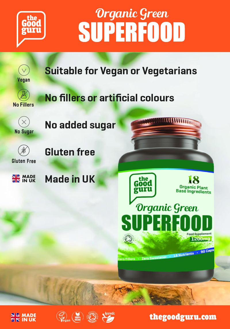 Organic Green Superfood Supplement Capsules - 90 Capsules with 18 Nutritious Ingredients