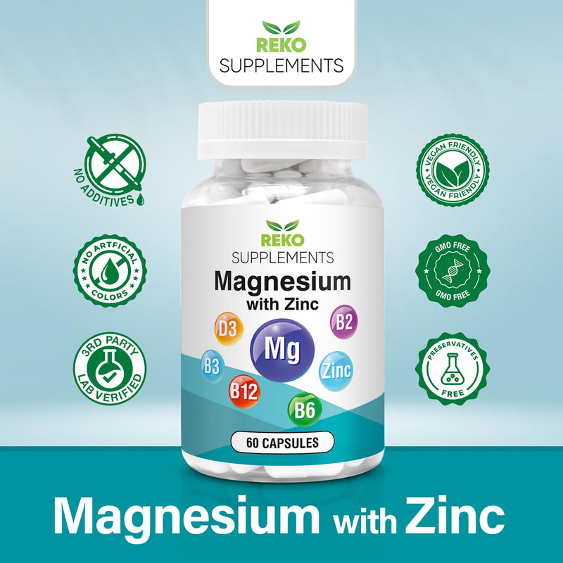 Magnesium with Zinc - Sleep & Muscle Recovery, 60 Capsules | High Strength - Reduces Tiredness & Supports Immunity - Vitamins B12, B6, B3, B2 & D3 Non-GMO
