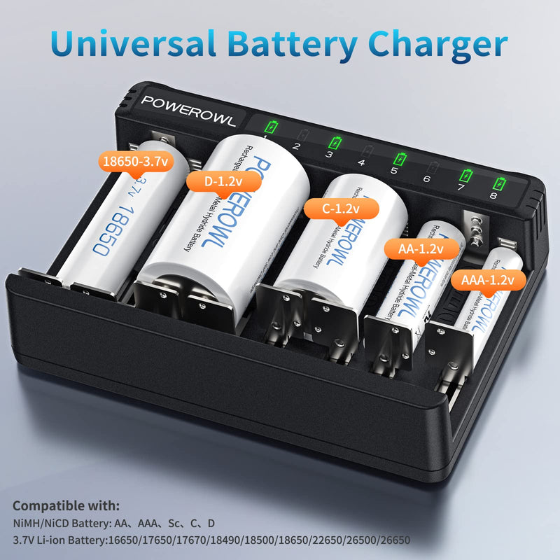 [Australia] - POWEROWL 8 Bay AA AAA C D Battery Charger, USB High-Speed Charging, Independent Slot, for Ni-MH Ni-CD Rechargeable Batteries… 