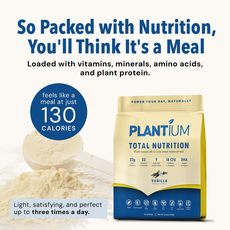 Plantium Total Nutrition Meal Replacement Protein Powder, Vanilla | Plant-based all-in-one shake with 22g protein per serving, vitamins, minerals and probiotics.