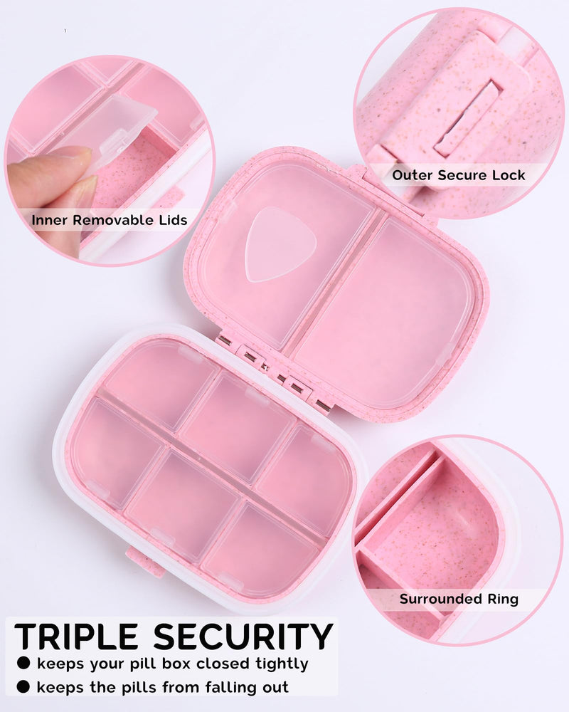 8 Compartments Travel Pill Organizer, Daily Pill Case Small Pill Box for Pocket Purse, Portable Pill Container Medicine Vitamin Organizer (Pink) Pink