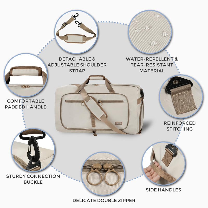 65L Duffle Bag Foldable Travel Duffel Bags for Men Women Travel Bag | Shoes Compartment, 65L Large Capacity, Foldable, Packable, Water Repellent, Tear Resistant, for Traveling Gym Overnight Camp Glossy Beige