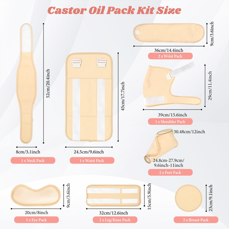 [Australia] - Castor Oil Pack Wrap, 12 Pcs Reusable Castor Oil Pack Kit Organic Cotton for Shoulder Hands Neck Waist Chest Knees and Feet, Adjustable Compress Pads for Entire Body 12pcs Castor Oil Packs 