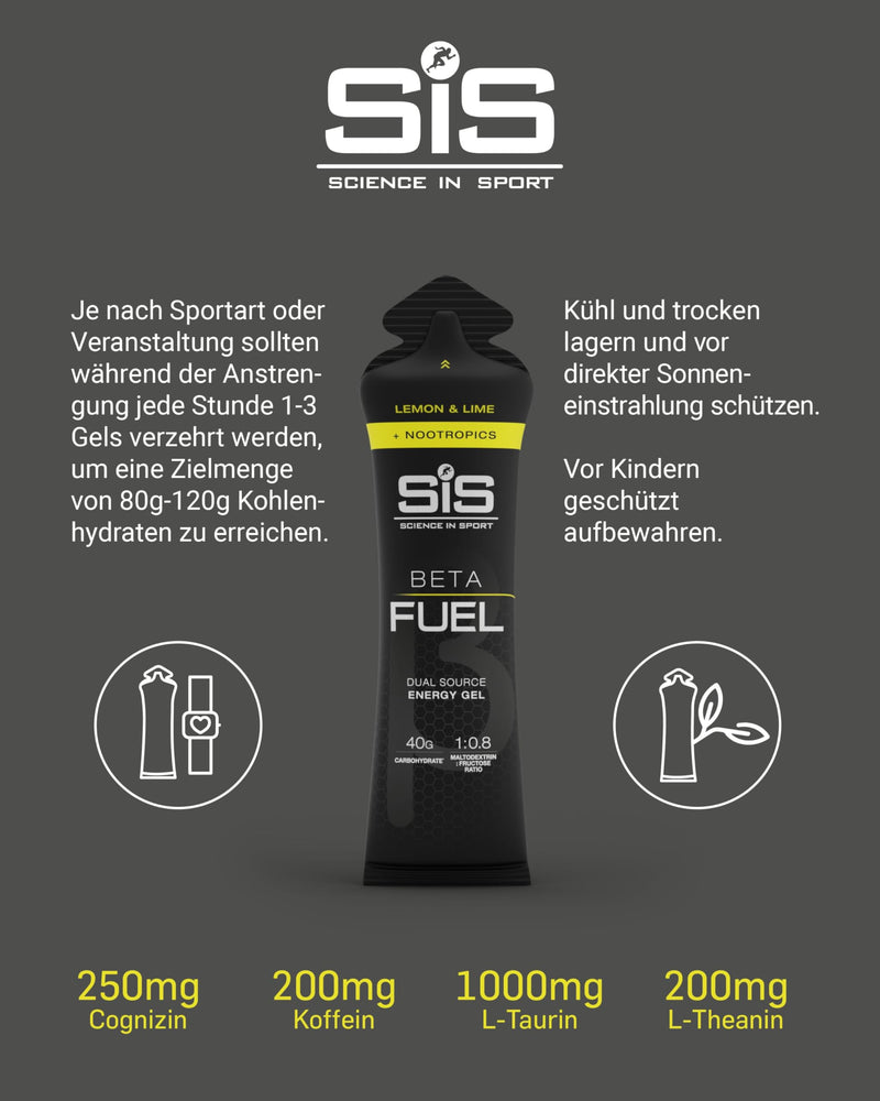 [Australia] - Science in Sport BETA Fuel Gel + Nootropica Gel 6 x 60ml Lemon and Lime - Energy-rich carbohydrate gel with 40g carbohydrates, Energy Gel for endurance athletes Lemon & Lime 6 x 60 ml 