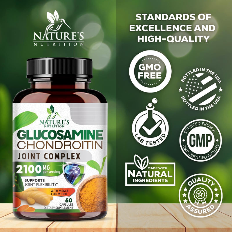 Nature's Nutrition Glucosamine Chondroitin MSM Capsules - Triple Strength Joint Health Support Supplement with Turmeric & Boswellia - Joint Flexibility Support Easy to Swallow Capsules - 60 Count 60 Count (Pack of 1)