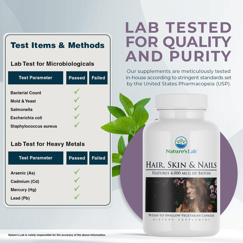 Nature's Lab Hair Skin and Nails - Biotin, BCAA, MSM, Vitamin Complex - 90 Ct (90 Day Supply) (Pack of 2) 90 Count (Pack of 2)