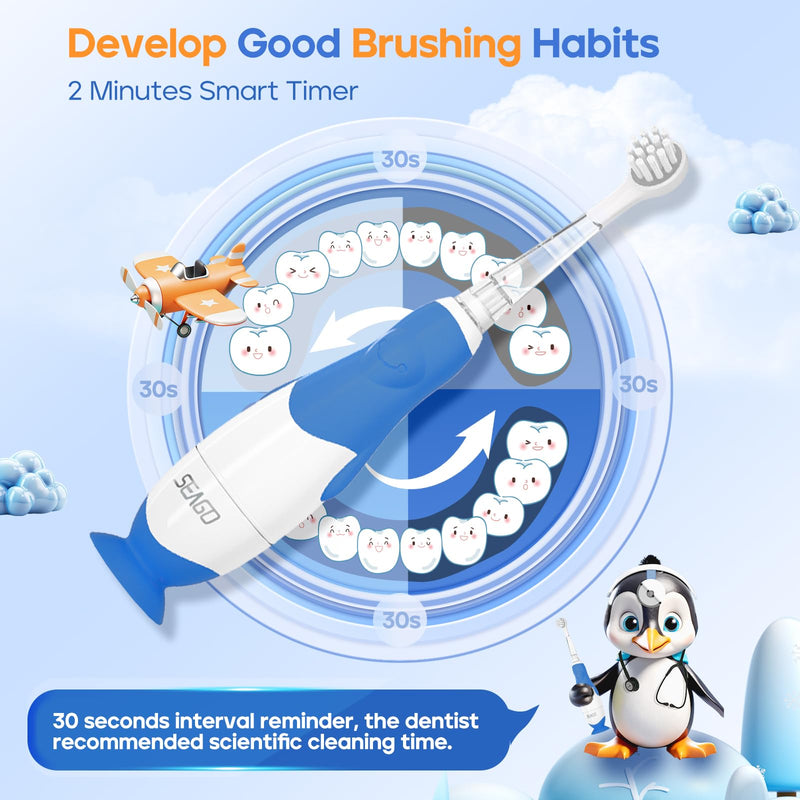 [Australia] - SEAGO Toddler Electric Toothbrushes for Baby Ages 0-3 Years, Baby Toothbrush with Smart Timer and Suction Base, 4 Replacement Brush Heads SG-513 (Navy-C) Navy-c 