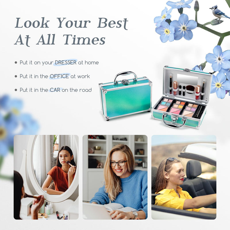 [Australia] - Color Nymph Beginner Makeup Kits For Teens With Train Case Included Full Makeup Kit Eyeshadow Palette Blushes Bronzer Highlighter Lipstick Brushes Mirror (Green) (Green) 