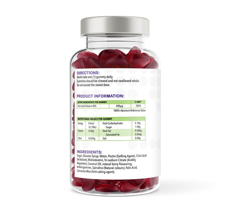 Folic Acid Gummies 400µg – Prenatal & Pregnancy Support – Berry Flavour Vegan Supplement – 120 Gummies