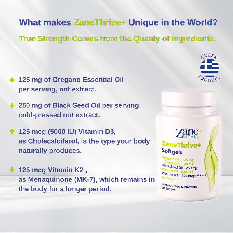 ZaneThrive + Vitamin D3 & K2, Black Seed Oil, Oregano Oil, Supplement - High Potency - Immune & Bone Wellness - with Carvacrol & Thymoquinone - Non-GMO, Gluten-Free - 60 Capsules by Zane Hellas.