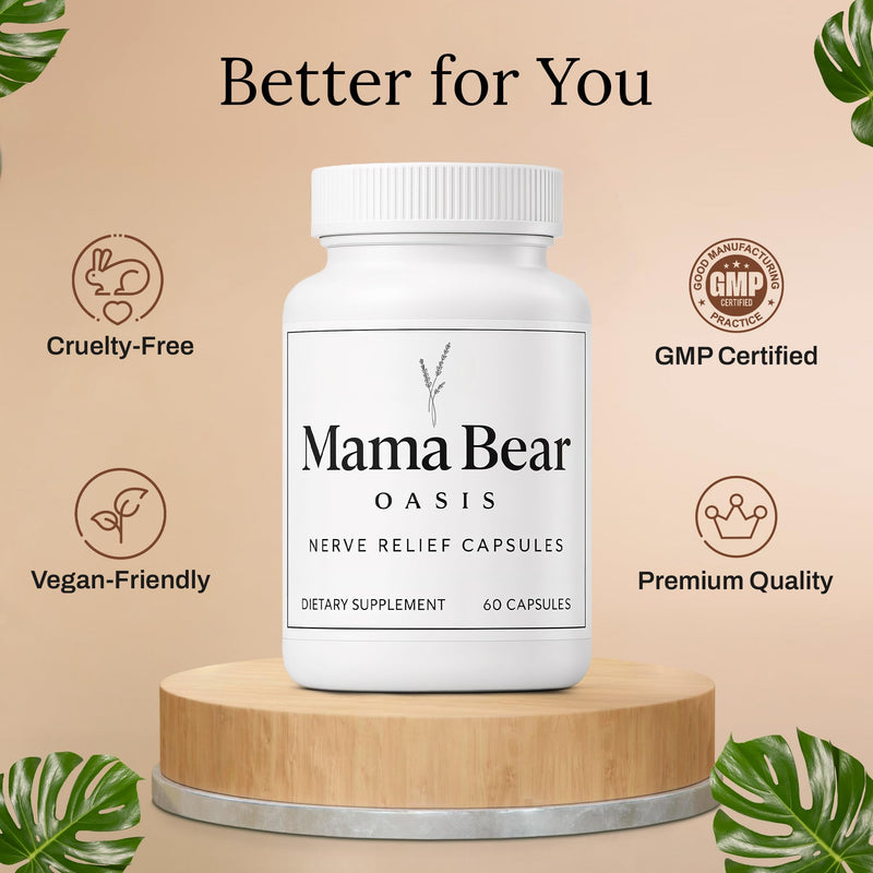 Mama Bear Oasis Nerve Support Capsules with Vitamins, 60 Count | Daily supplement with vitamins to support normal nerve function, mobility, calm, and overall wellness