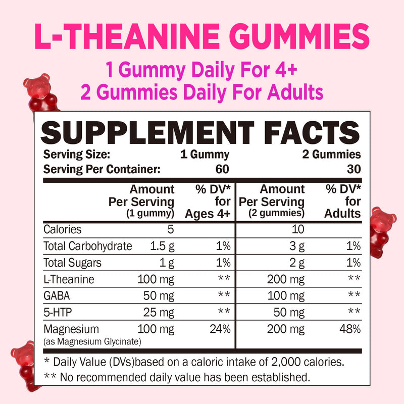 [Australia] - ZA'ZA K ORGANICS L-Theanine 200mg Gummy, L Theanine Supplement Gummies with GABA, 5-HTP & Magnesium Glycinate for Adults and Kids, Stress & Focus Support, Vegan Peach Flavor, 60 Chewable 