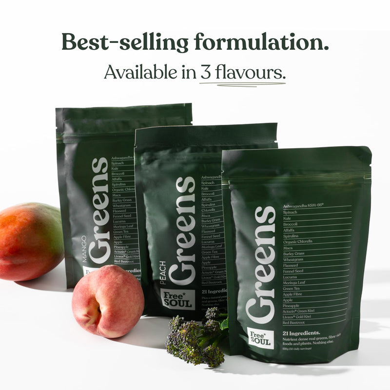 Free Soul Greens | 21 Advanced Greens, Superfoods, and Adaptogens Including KSM-66 Ashwagandha, Vegan & Gluten-Free, Advanced Natural Formula | UK Made | 30 Servings | Mango Flavour