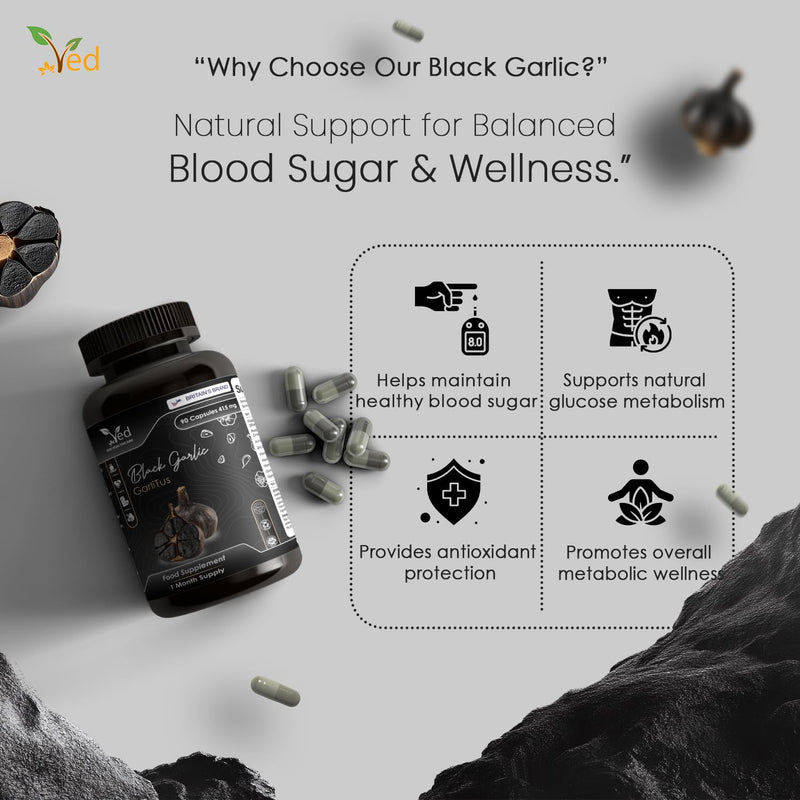 VED Black Capsules Garlitus - High Strength Odourless Capsules with Aged Garlic Extract, Vegan 90 Capsules with Cinnamon Bark and ALA Zinc, Vitamin B6, B1, B9, & B12.