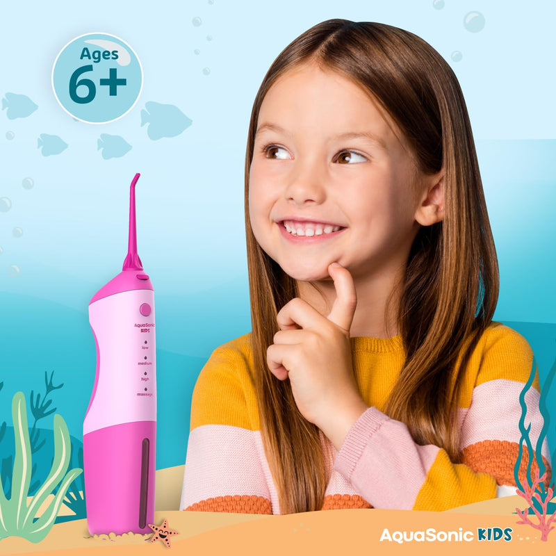 AquaSonic Kids' Water Flosser for Ages 6+ | Standard Nozzle, Orthodontic Nozzle & Waterproof Stickers | 4 Flossing Modes | Aquarium Adventures Theme (Pink) Pink