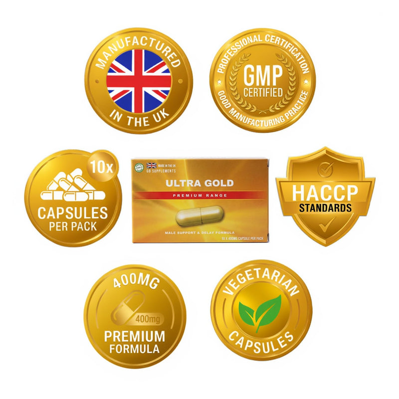 10 x 400mg NEW Advanced Formula - Ultra Gold Premium Male Support Capsules | 10 Capsules | Maca, Ginseng, Tribulus, Ashwagandha Blend | Stamina & Vitality Support | UK Manufactured