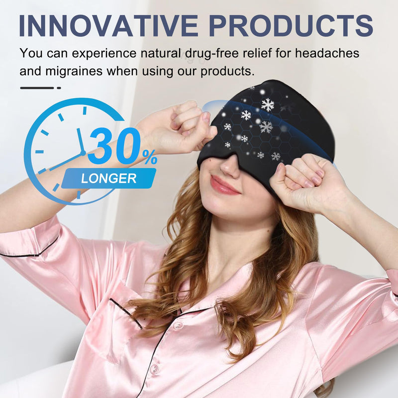 [Australia] - Migraine Headache Relief Cap, Gel Ice Head Wrap, Hot and Cold Therapy, Headache Eyes Mask for Sinus, Puffy Eyes, Tension and Stress Relief (Black) Black 