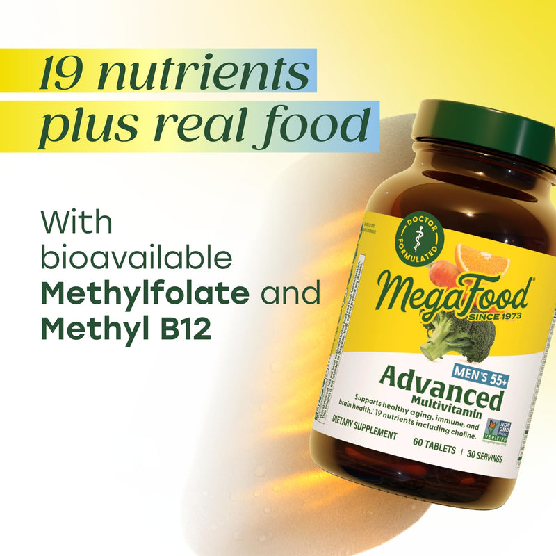 MegaFood Advanced Multivitamin for Men 55+ Doctor Formulated, 60 Tablets | For Healthy Aging, Immune Support, Bone and Brain Health, Choline, Methylated B12, Methylfolate, Vegetarian, 30 Servings 60 Count (Pack of 1)