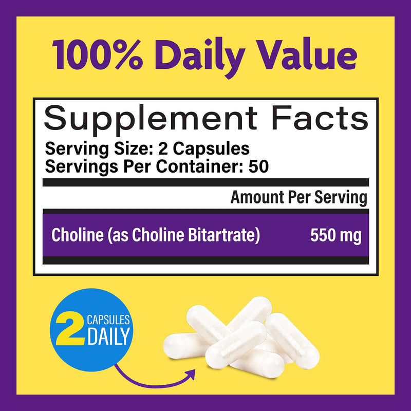 [Australia] - InnovixLabs Choline Supplement 550mg Pure Choline Bitartrate for Brain Health, Focus, Memory, Cognitive Development, Fatty Liver and Mood Support for Women and Men, 100 Capsules 