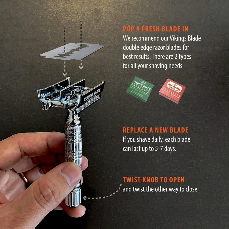 VIKINGS BLADE Double Edge Safety Razor for Men + 5 Swedish Steel Blades + Luxury Case. Smooth, Reusable, Eco-Friendly (The Chieftain) Chromium Silver