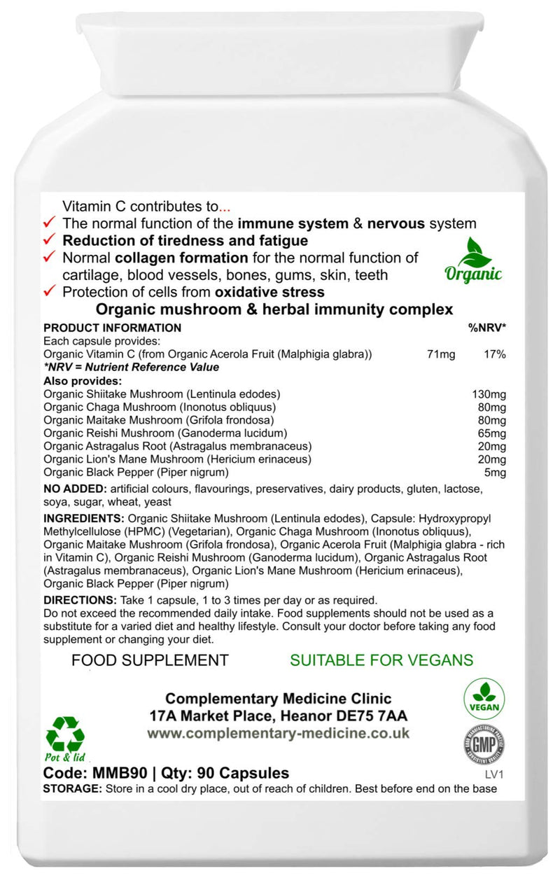 Organic Mushroom Complex - Immune System & Energy Support - Traditional Herbal TCM Adaptogen Blend – Maitake, Chaga, Shiitake, Reishi, Lion's Mane, 90 Capsules
