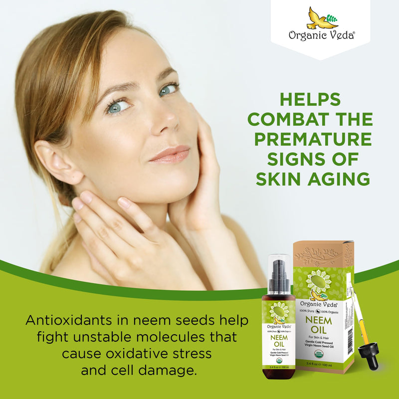 [Australia] - Organic Veda Neem Oil - Pure, Cold Pressed & Organic Neem Oil for Skin, Hair, Face, Body, Scalp - Natural Moisturizer, Virgin Neem seed oil - Rich in Vitamin E, Fatty Acids, Antioxidants - 3.4 fl oz 