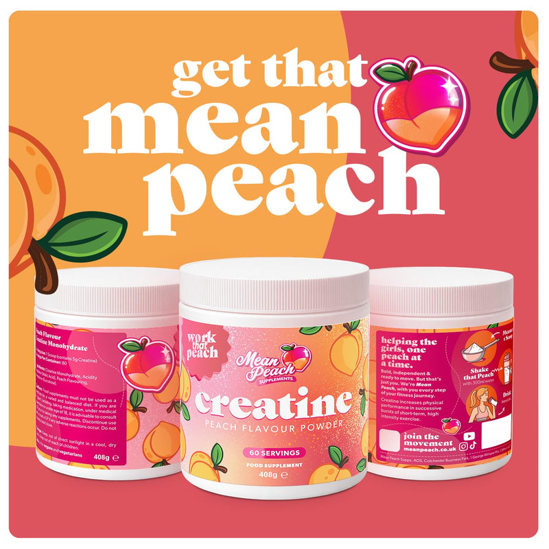 Mean Peach, Peach Flavour Creatine Monohydrate Powder - for Women! 408g tub, containing 60 Servings with 5g Creatine per Scoop. Vegan.