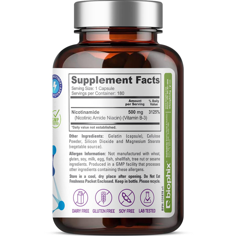 biophix B-3 Nicotinamide 500 mg 180 Caps - Nicotinic Amide Niacin Natural Flush-Free Vitamin Formula - Supports Skin Cell Health 180 Count (Pack of 1)