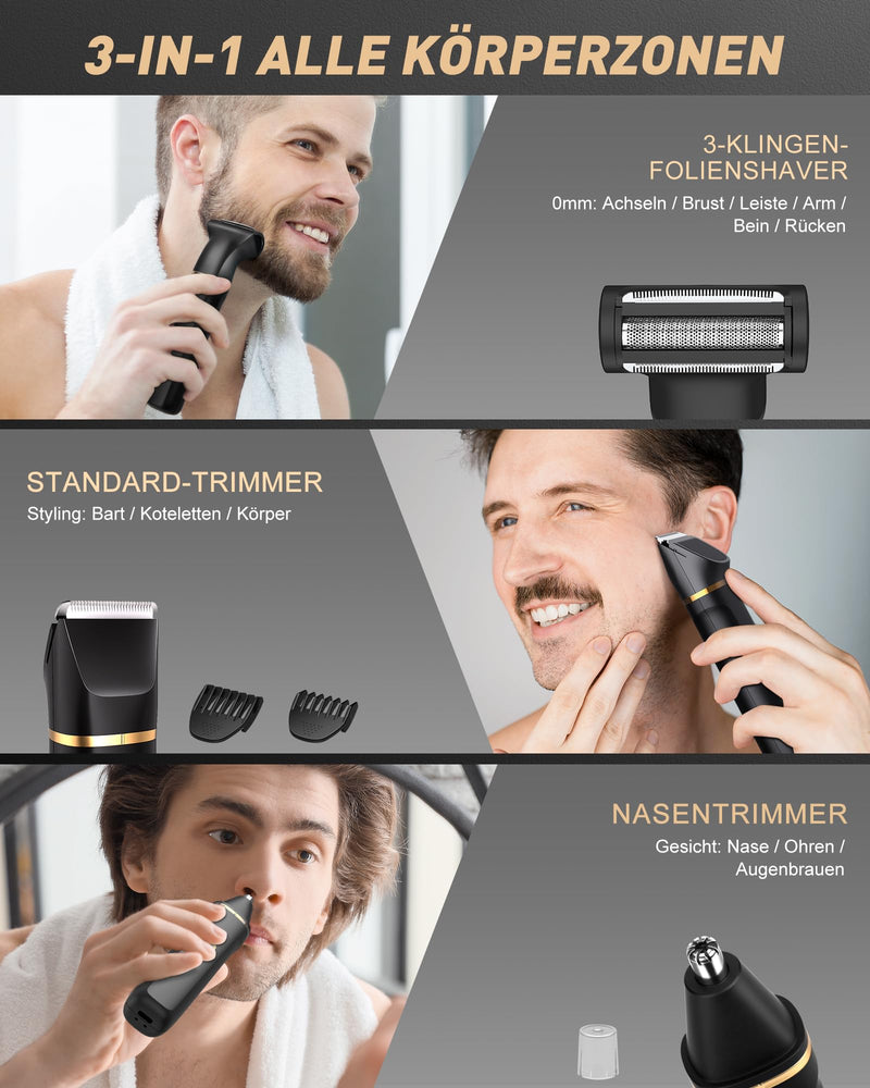 [Australia] - Men's intimate razor, 3-in-1 men's electric razor/nose hair trimmer, IPX7 wet-dry razor, 120 min. running time, men's razor intimate area for armpit, legs, chest, groin, nose, USB-C charging station 