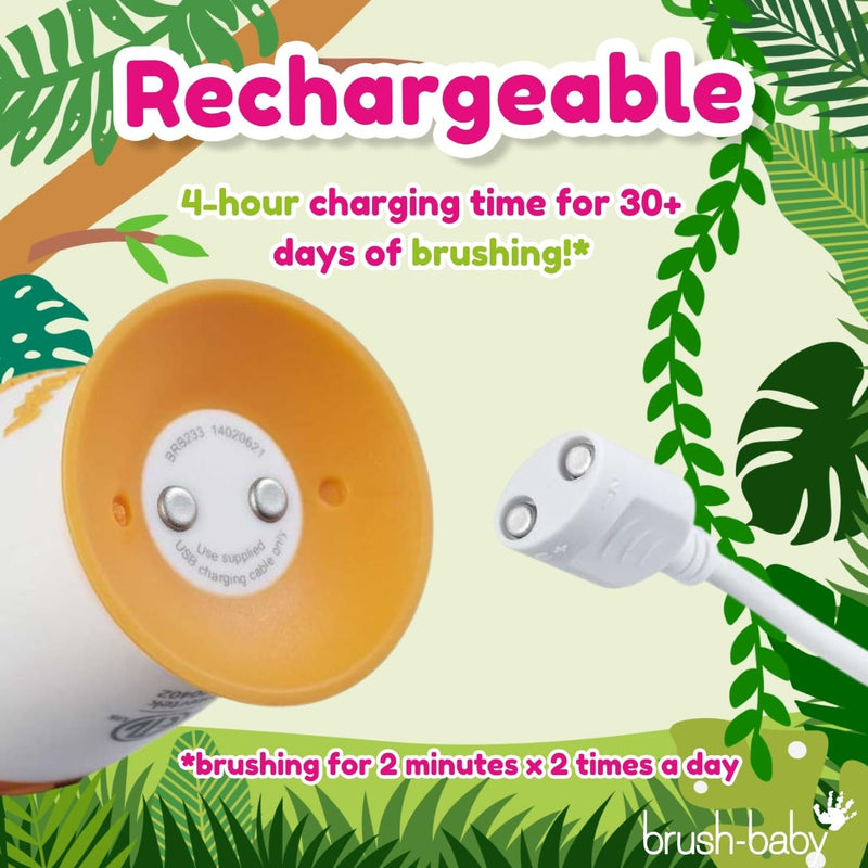 [Australia] - brush-baby WildOnes™ Rechargeable Kids Electric Toothbrush – Monkey | Flashing Lights, 2-Min Timer, Waterproof, 3 Brush Heads | Toddler & Child Toothbrush Ages 0-10 | Soft Bristles 