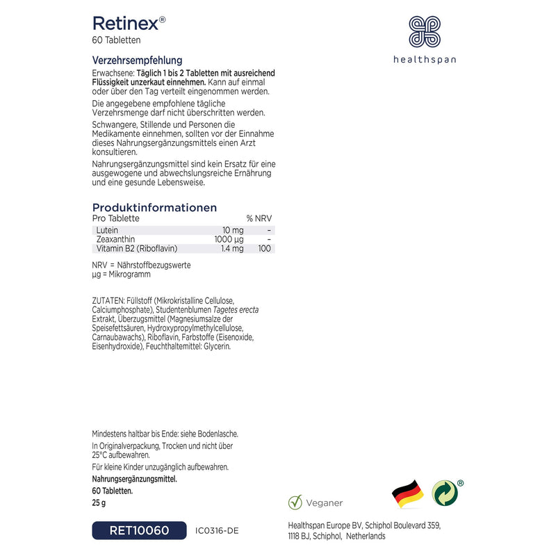 [Australia] - Healthspan Retinex | High-quality eye care with lutein & zeaxanthin | Supports vision & promotes long-term eye health | Vegan | 60 tablets 