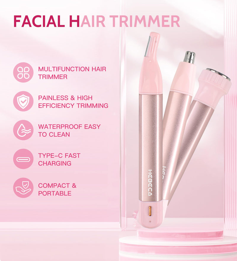 Nose Hair Trimmer for Women 3in1 Facial Hair Removal Trimmers- Rechargeable, Waterproof, Portable with Travel Bag- Trims Nose, Ear, Eyebrow, Peach-Fuzz, Lips, Chin Face Hair Remover FT2003 (Pink)