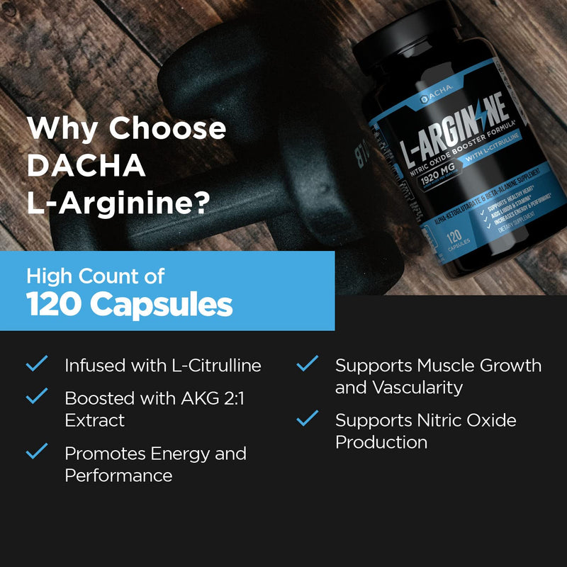 [Australia] - DACHA Premium L Arginine Pills 1920 MG - 120 VCAPS AAKG Nitric Oxide Precursor, L-Citrulline HCL, Beta Alanine, Essential Amino Acids for Energy, Muscle Growth, Heart Health, Vascularity & Stamina 