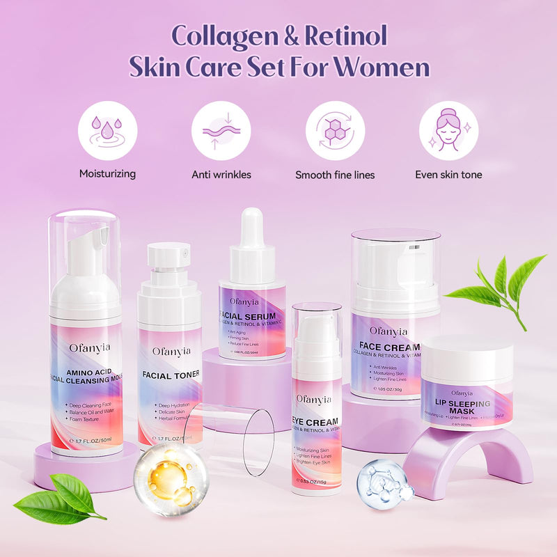 Collagen Retinol Skincare Set, 6 Pcs Anti-Aging Skin Care Set with Hydrating Cleanser, Eye Cream, Toner, Cream & Lip Mask, Facial Kit for Women, Birthday Gift for Her Collagen & Retinol