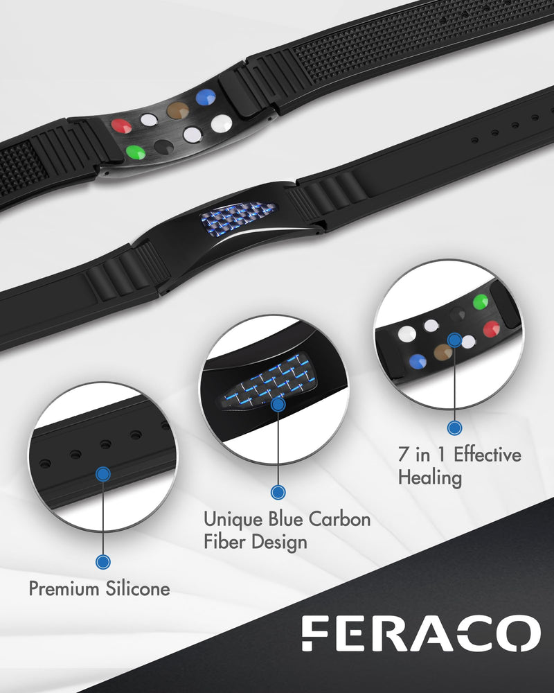 Feraco Silicone Power Balance Bracelets for Men Women, 7 in 1 Magnetic Sports Bracelets with Powerful Magnets, Waterproof & Adjustable Health Wristband Blue Carbon Fiber (7 in 1)