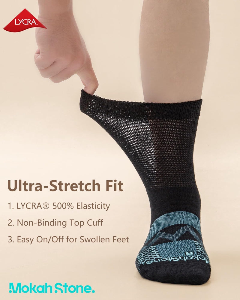 [Australia] - Diabetic Crew Socks for Men Women, COOLMAX LYCRA Moisture-Wicking Non-Binding Socks Neuropathy Sock, 3 Pairs Large Black 