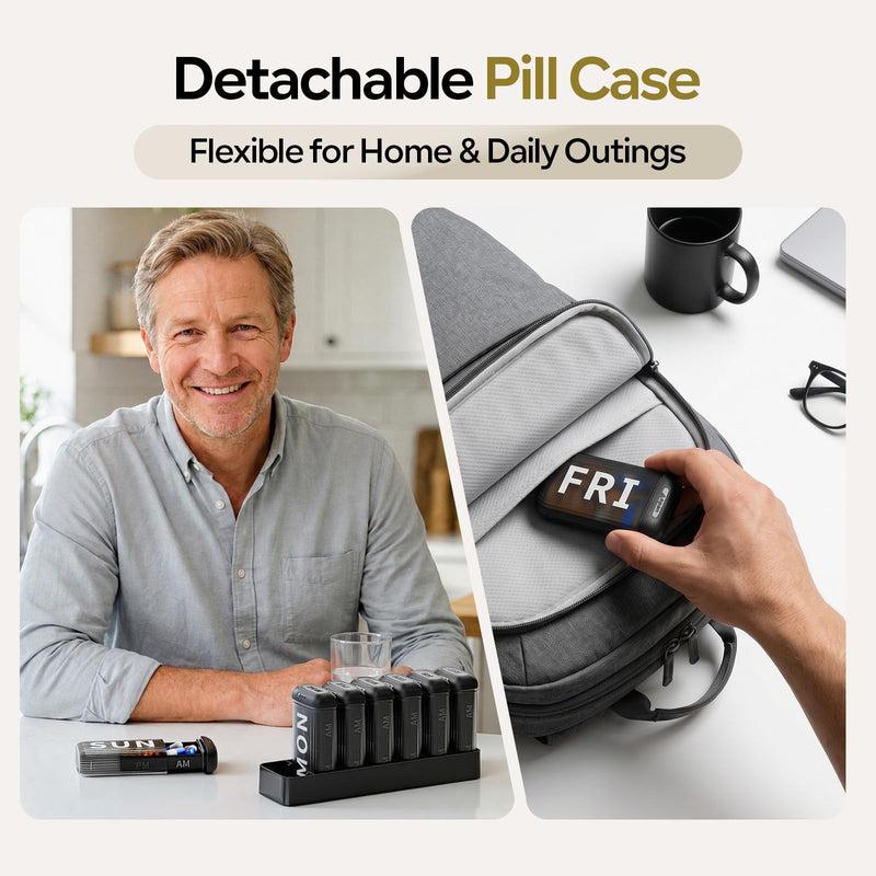 Daviky Weekly Pill Organizer 2 Times a Day, AM PM Removable Pill Box 7 Day | XL Cute Pill Case, Large Date Label, Slide to Open, Silicone Moisture-proof, Easy to Use for Fish Oil or Vitamins, Black